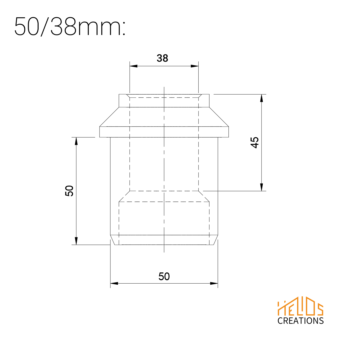 Technical drawing of 50mm to 38mm dust extraction hose reducer
