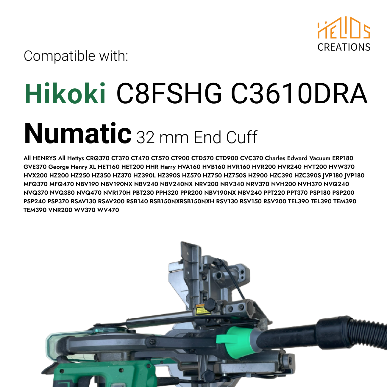 Compatibility Chart for Hikoki mitre saw to Numatic Vacuum adapter
