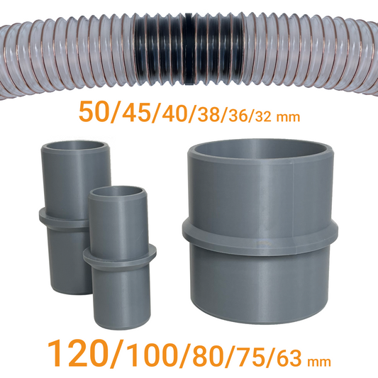 Workshop dust extraction hose coupler – straight connector for vacuum hoses, available in multiple sizes