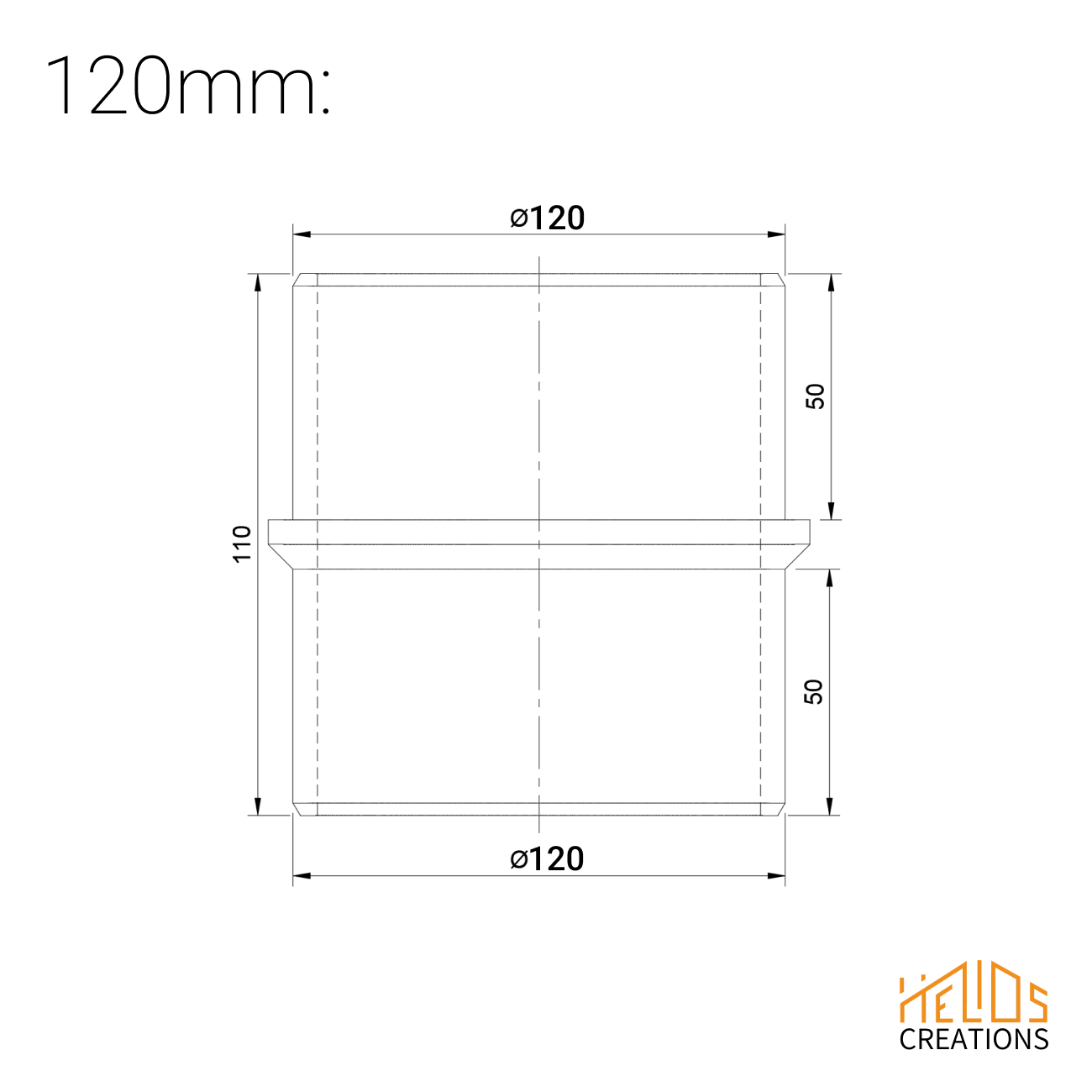 Technical drawing – 120 mm straight hose coupler, dimensions and specifications