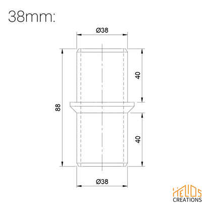 Technical drawing – 38 mm straight hose coupler, dimensions and specifications