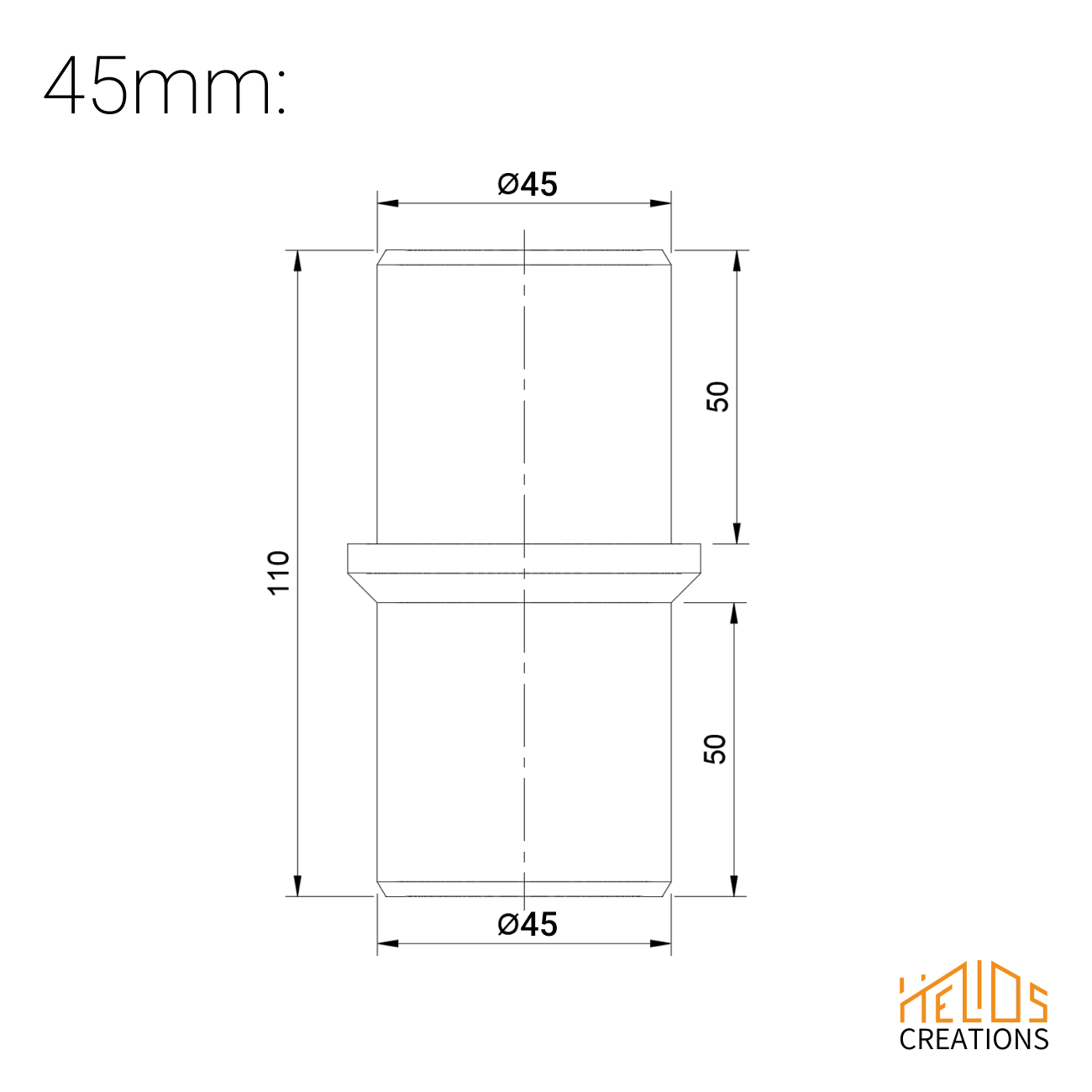 Technical drawing – 45 mm straight hose coupler, dimensions and specifications