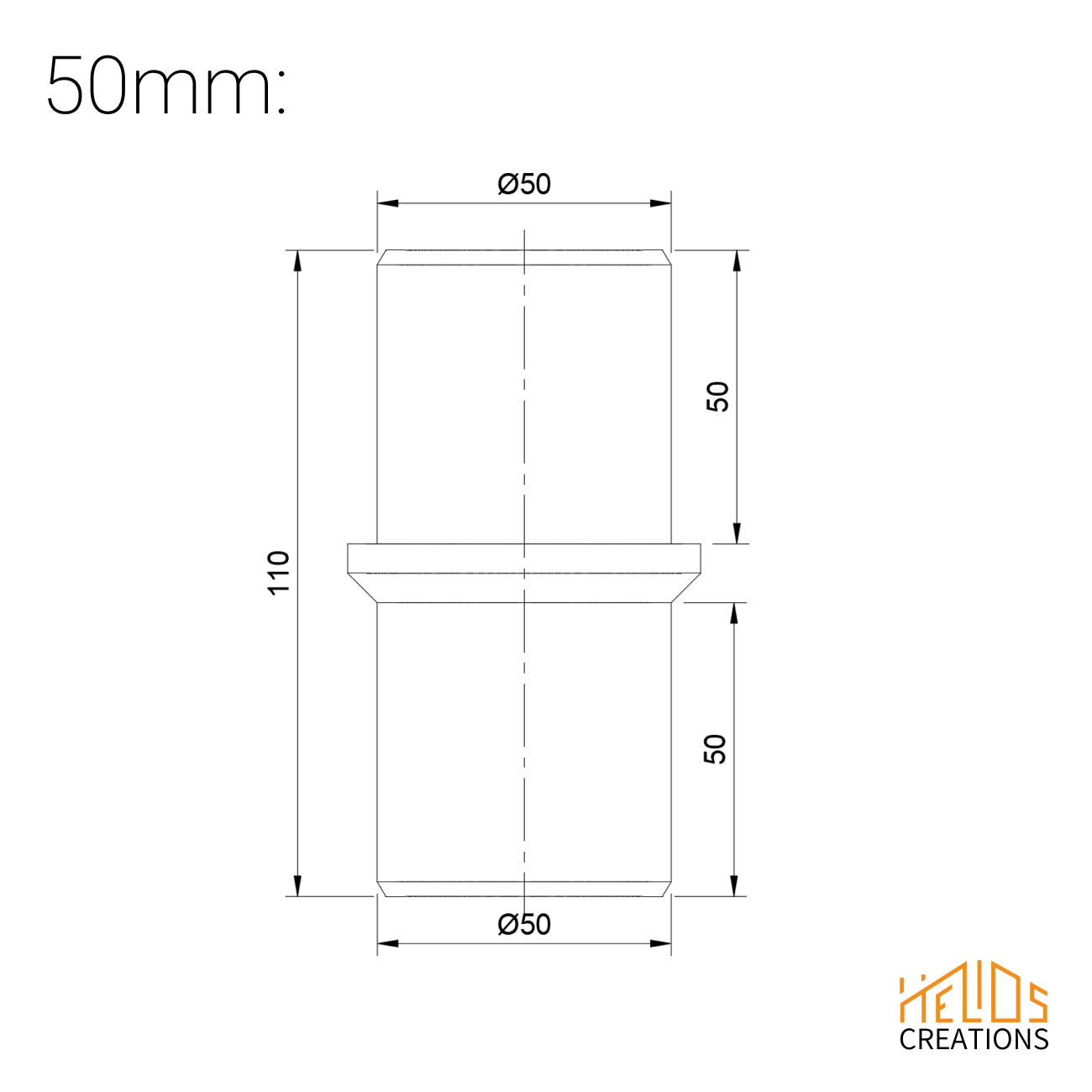 Technical drawing – 50 mm straight hose coupler, dimensions and specifications