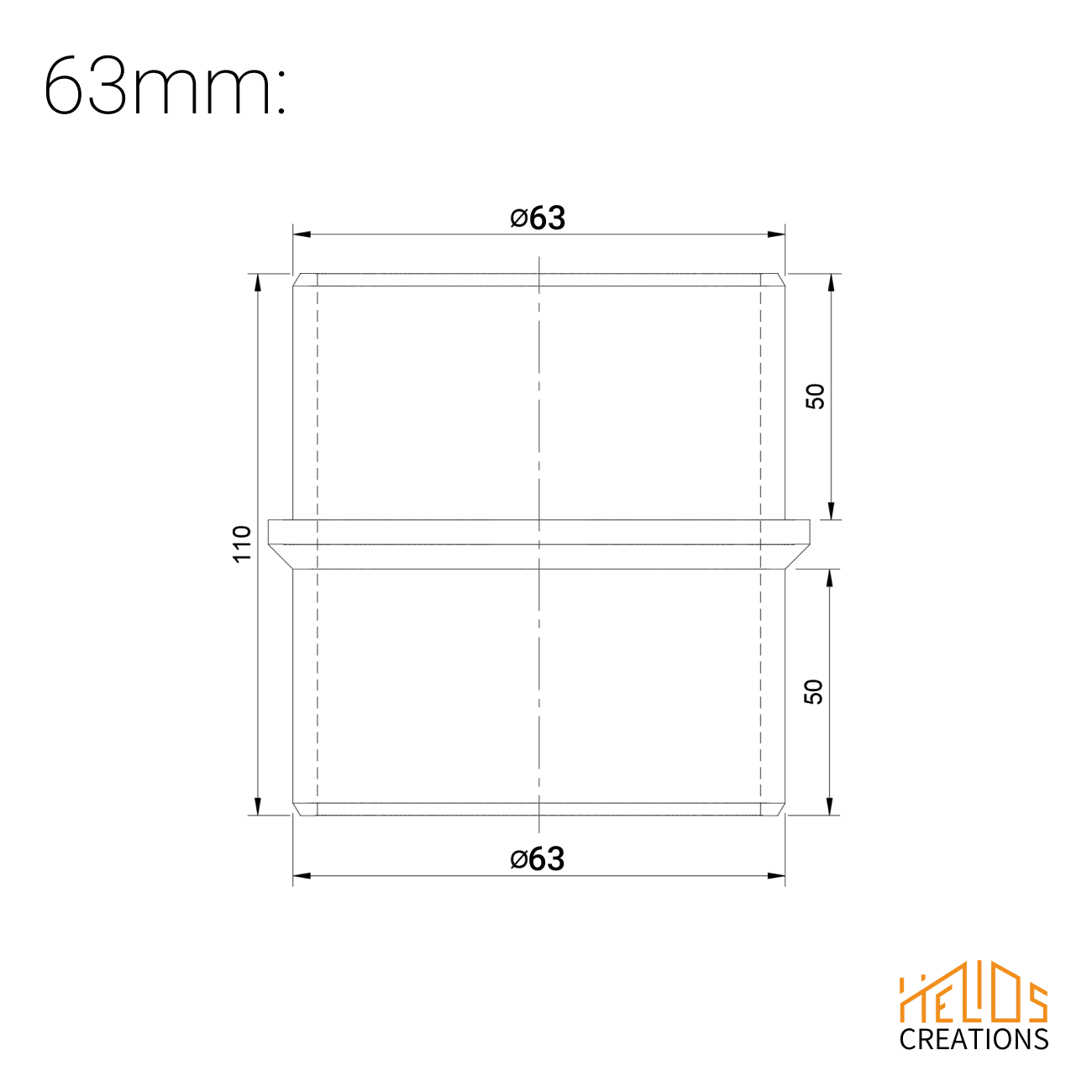 Technical drawing – 63 mm straight hose coupler, dimensions and specifications