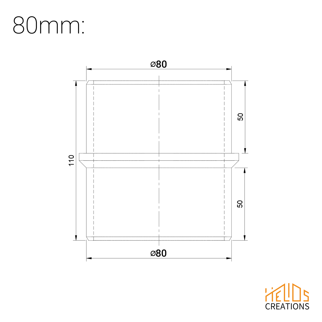 Technical drawing – 80 mm straight hose coupler, dimensions and specifications