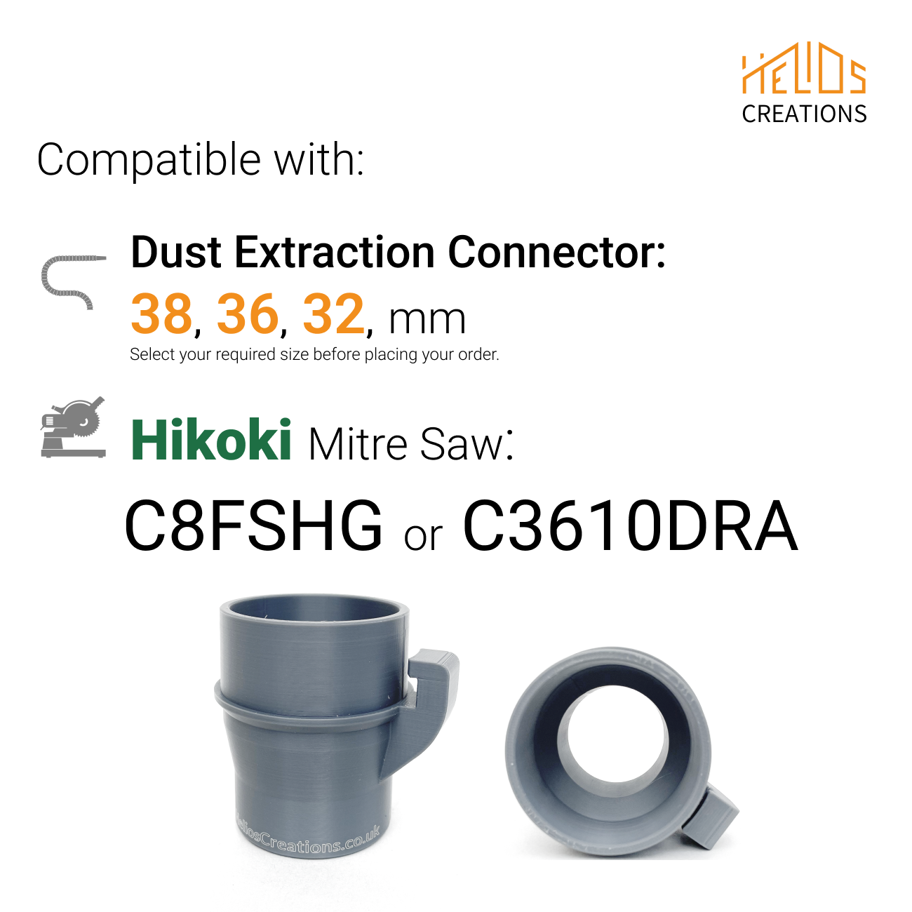 Compatible Hikoki Mitre Saw Models C8FSHG and C3610DRA with dust adapter