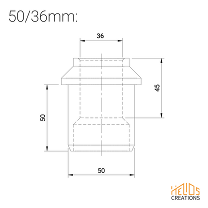 Technical drawing of 50mm to 36mm dust extraction hose reducer