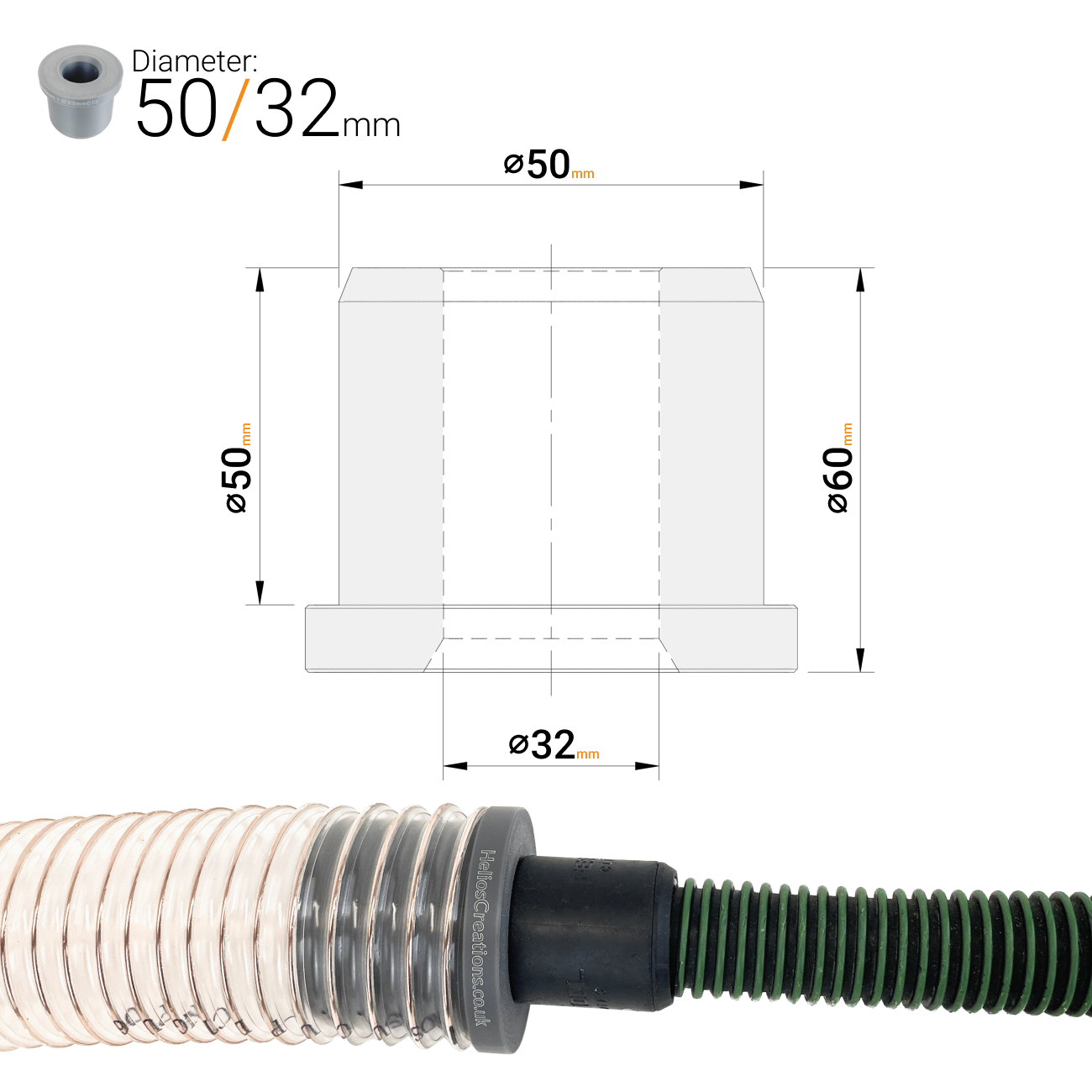 dust extraction hose reducer adaptor 50mm to 32mm