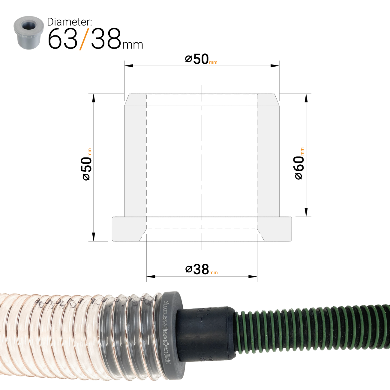 dust extraction hose reducer adaptor 50mm to 38mm