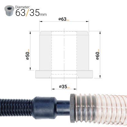 63mm dust extractor hose reducer adaptor with 35mm output for workshop vacuums
