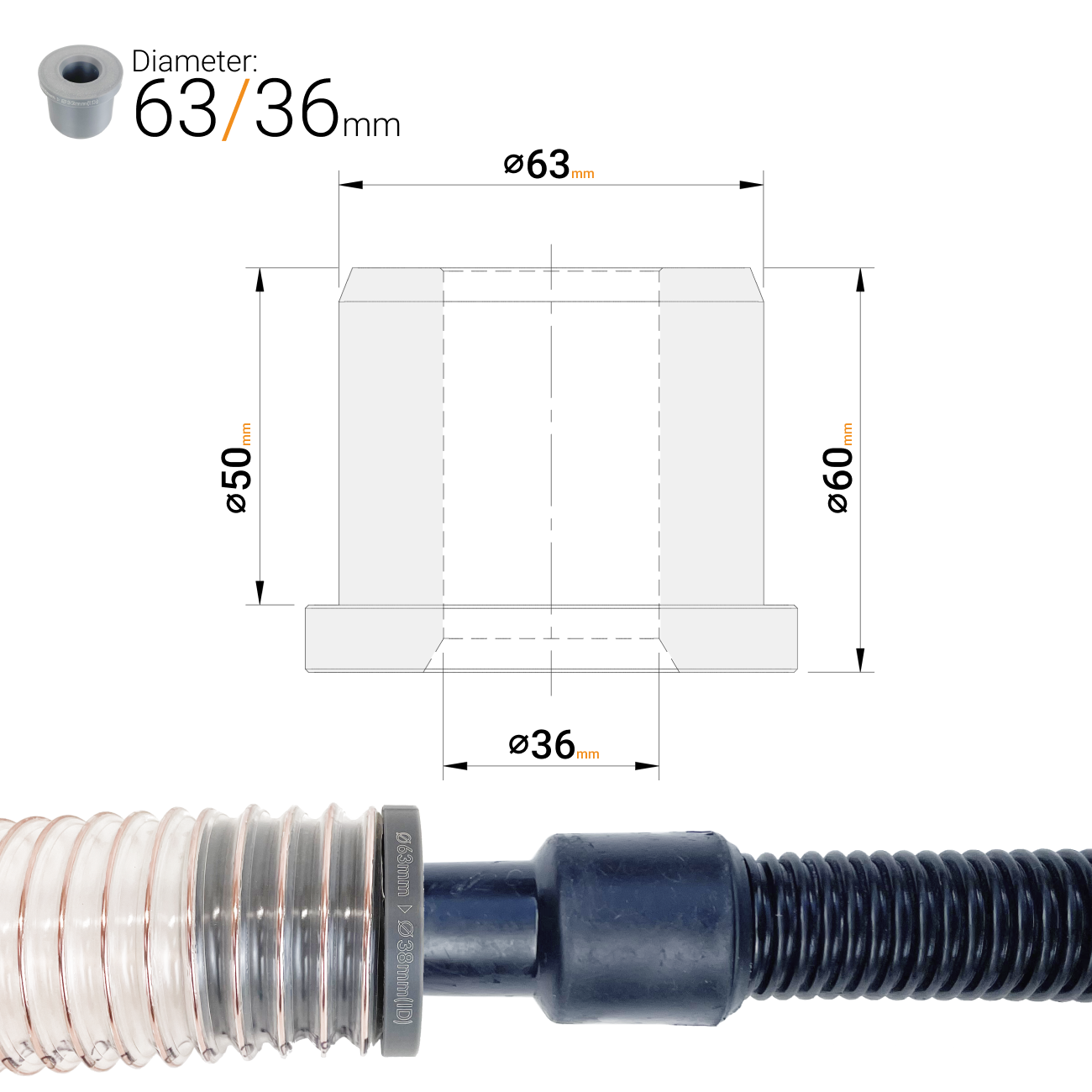 63mm dust extractor hose reducer adaptor with 36mm output for workshop vacuums