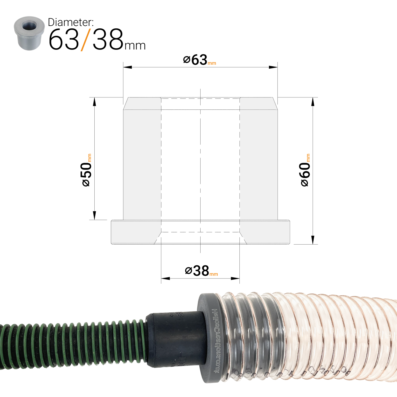 63mm dust extractor hose reducer adaptor with 38mm output for workshop vacuums