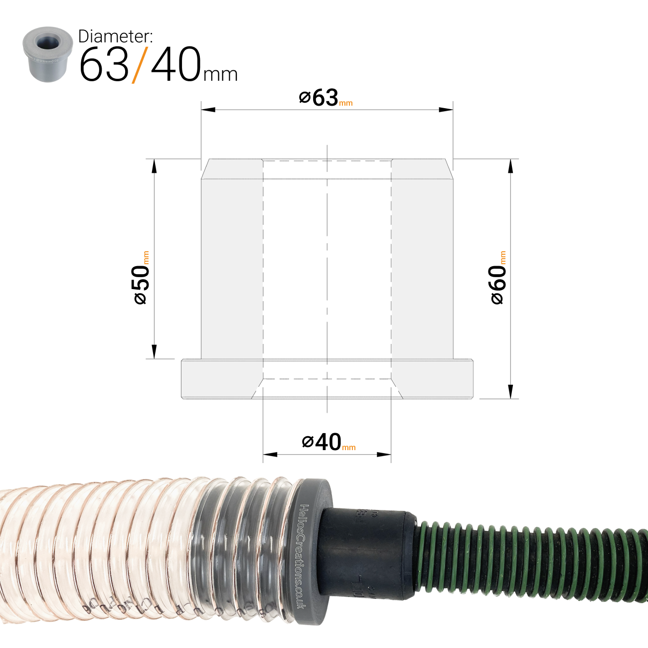 63mm dust extractor hose reducer adaptor with 40mm output for workshop vacuums