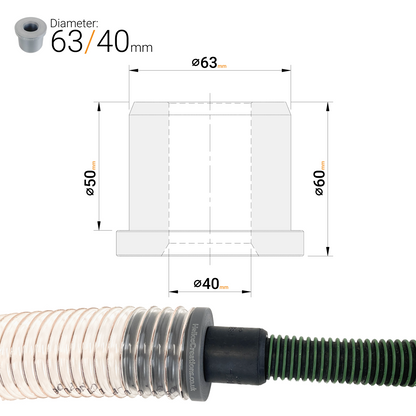 63mm dust extractor hose reducer adaptor with 40mm output for workshop vacuums