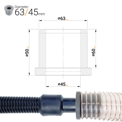 63mm dust extractor hose reducer adaptor with 45mm output for workshop vacuums
