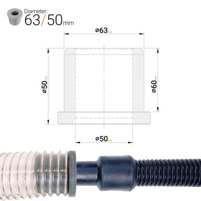 63mm dust extractor hose reducer adaptor with 50mm output for workshop vacuums