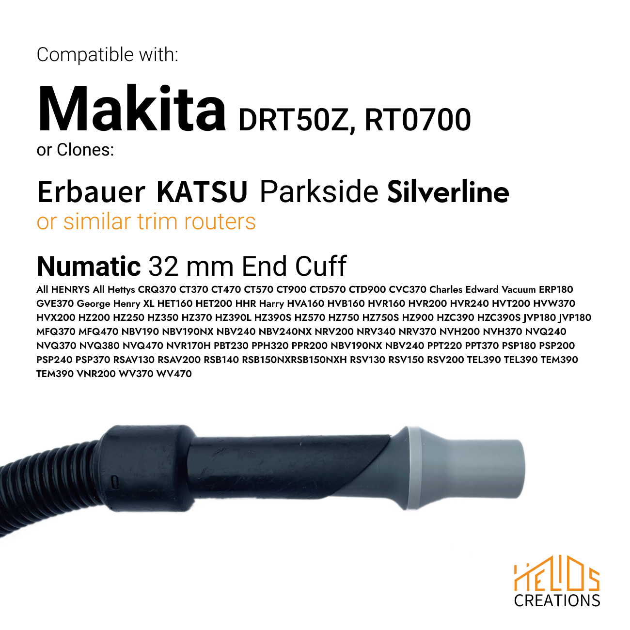 Compatibility chart for Makita DRT50Z / RT0700 router to Henry vacuum adapter