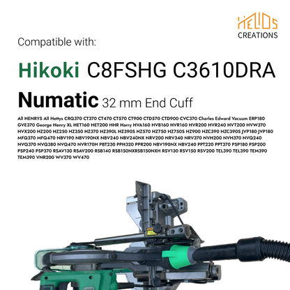 Compatibility Chart for Hikoki mitre saw to Numatic Vacuum adapter