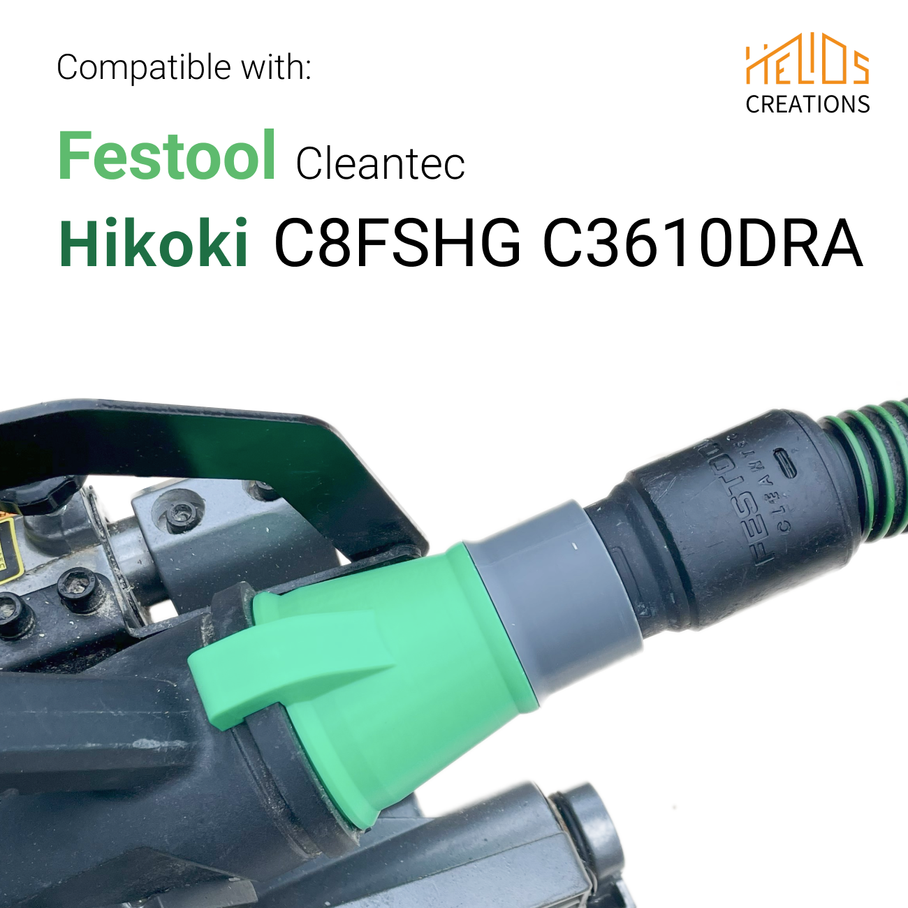 Compatibility chart for Hikoki mitre saw to Festool Cleantec adapter
