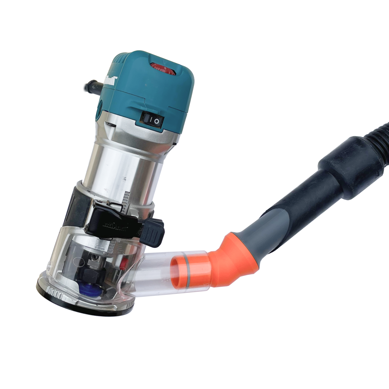 Makita DRT50 router connected to Numatic Henry vacuum using custom adapter