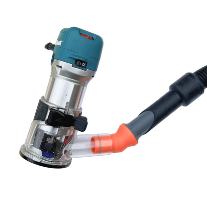 Makita DRT50 router connected to Numatic Henry vacuum using custom adapter